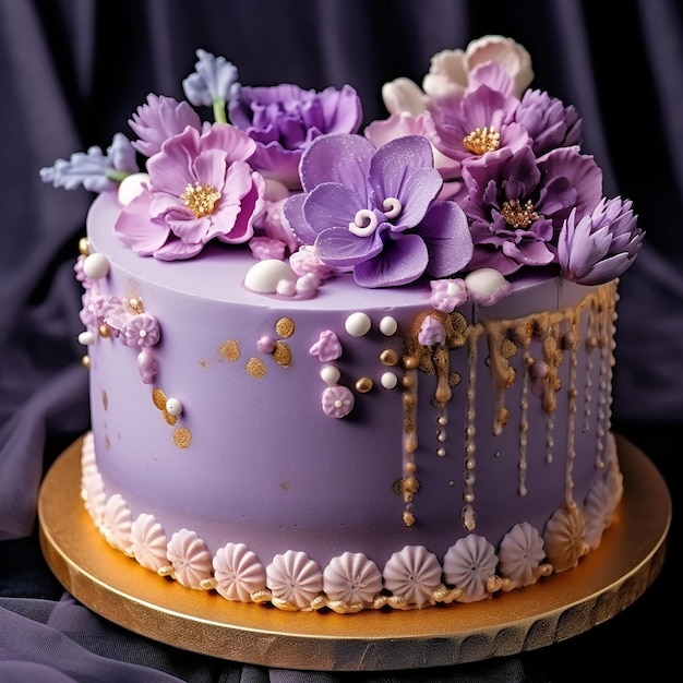 A cake with purple flowers on top of it