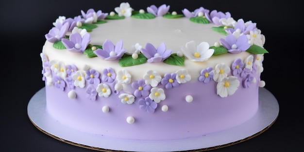 A cake with purple flowers and white pearls.