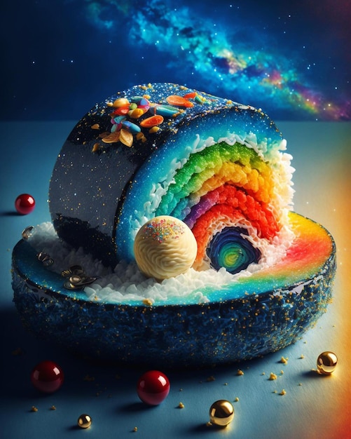 A cake with a rainbow cake on it