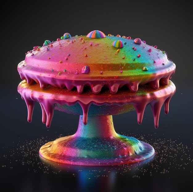 A cake with rainbow colors and a black background