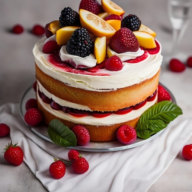 A cake with raspberries, blackberries, and lemons on top of it.