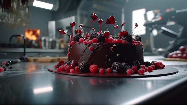 A cake with raspberries and blackberries on top of it