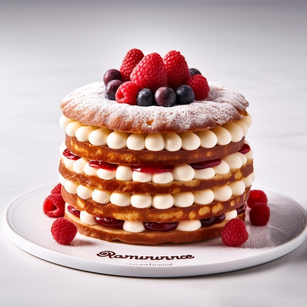 A cake with raspberries and blueberries on it