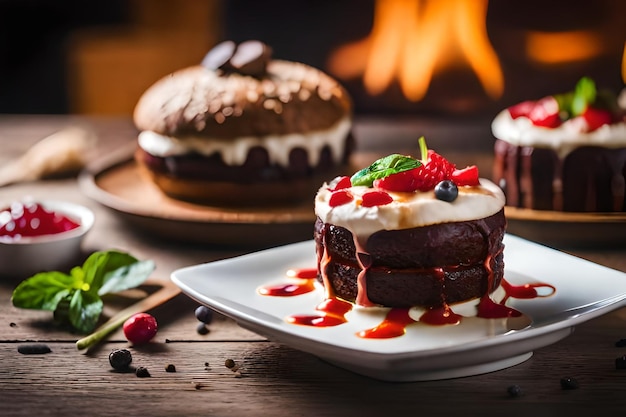 a cake with raspberries and cream on a plate with a fire in the background.