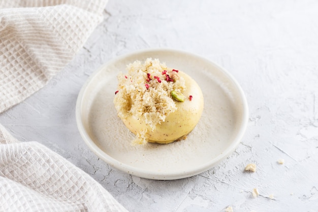 Cake with raspberries on a gray table