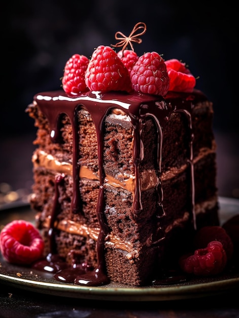 a cake with raspberries on it and a piece of cake with raspberries on top.