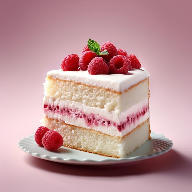 a cake with raspberries on it sits on a plate with a pink background.