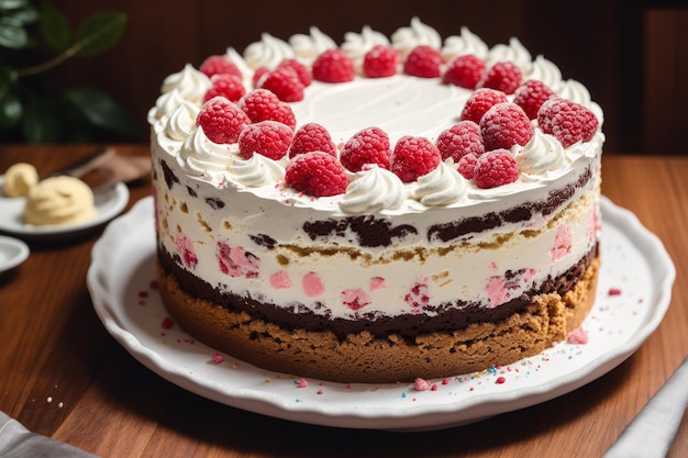 A cake with raspberries on it and a spoon on the side.