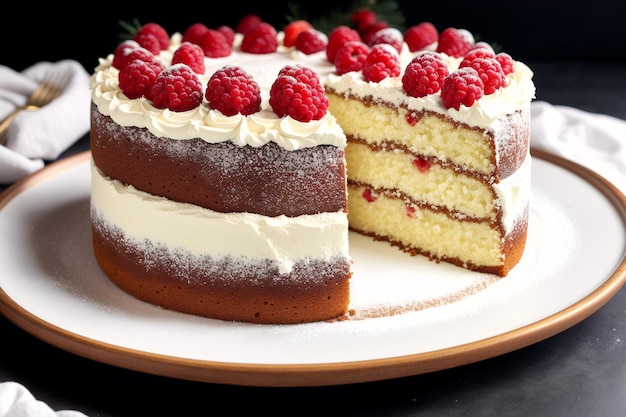 A cake with raspberries on it