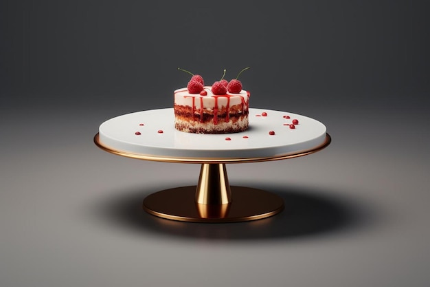 a cake with raspberries on a plate with a gold rim.