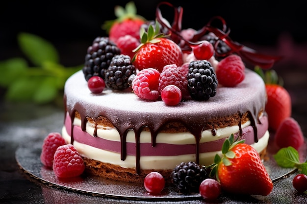 a cake with raspberries and raspberries on top