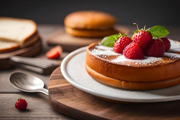 A cake with raspberries on top and a plate with a spoon on the side.