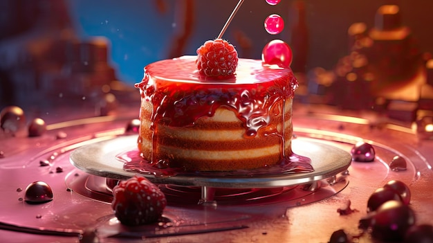 a cake with raspberries on top and a stick on top