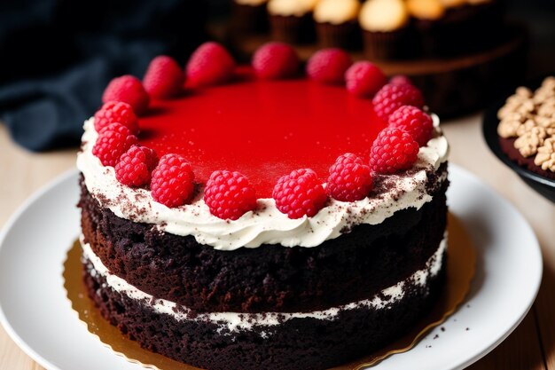 A cake with raspberries on top