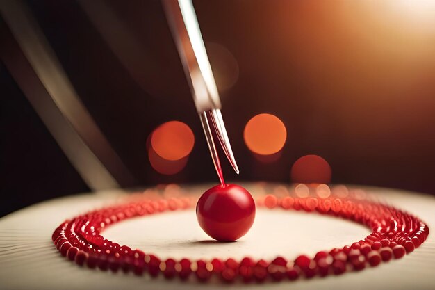 A cake with a red bead on it