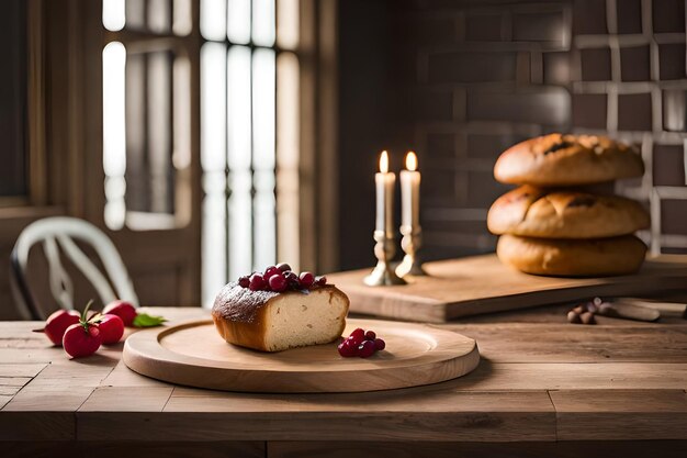Торт с красными ягодами на деревянном столе рядом со стопкой хлеба.