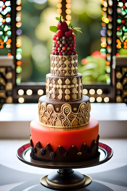 A cake with a red flower on top