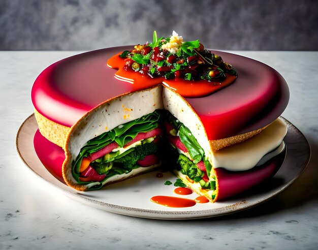 A cake with a red and white topping and a slice cut out of it.