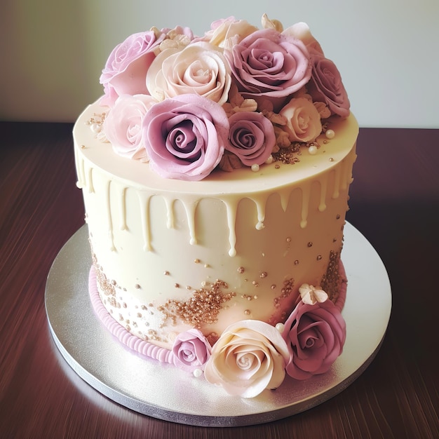 cake with roses and whipped cream