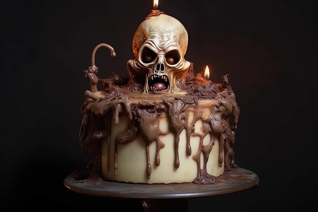 A cake with a skull on it and lit up with lit candles.