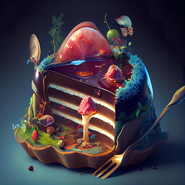 Photo a cake with a slice of cake on it fantasy art