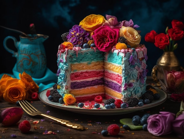 A cake with a slice cut out of it and a blue and yellow cake on the top.