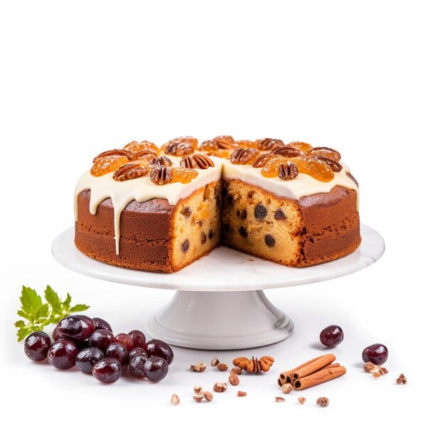 A cake with a slice cut out of it and a bunch of grapes on the side.