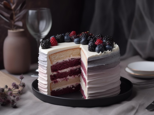 A cake with a slice cut out of it