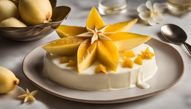 a cake with a slice of fruit on it and a spoon in the middle