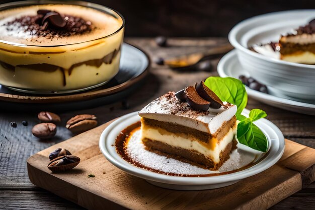 a cake with a slice missing sits on a plate with a cup of coffee and a cake on it