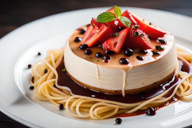 a cake with strawberries and chocolate sauce on a plate