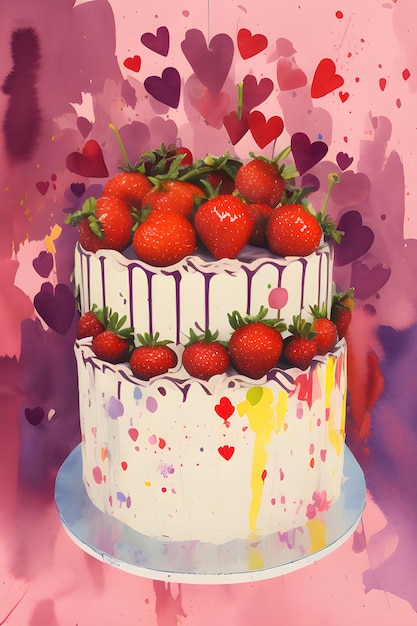 Cake with strawberries color illustration Generative AI