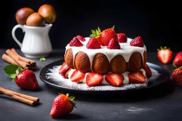 검정색 배경에 딸기와 크림이 있는 케이크