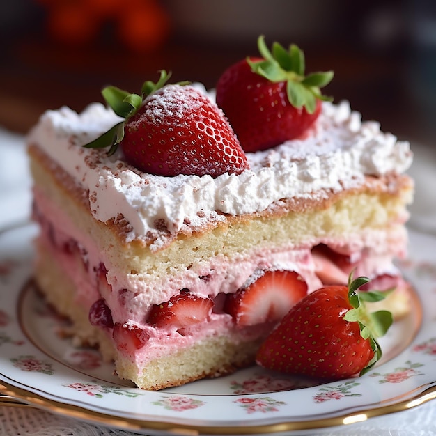 a cake with strawberries and cream on a plate with a placemat that says strawberry.