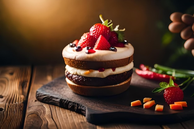 a cake with strawberries and cream on a wooden table