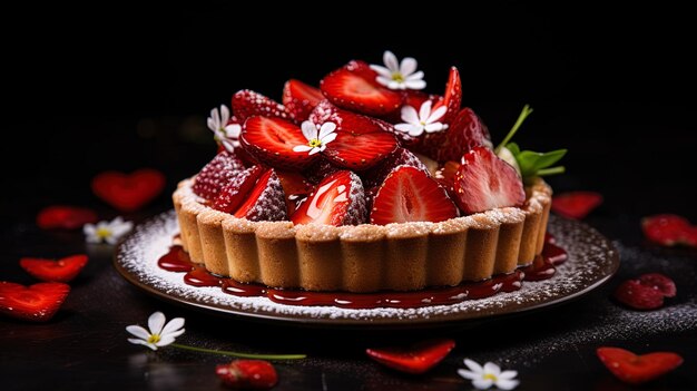 a cake with strawberries and daisies on a black background