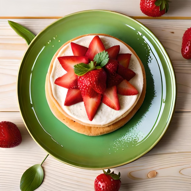 A cake with strawberries on a green plate with a green plate with a strawberry on it.