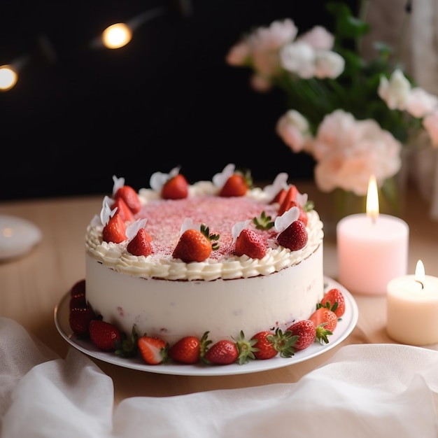 A cake with strawberries on it and a candle in the background