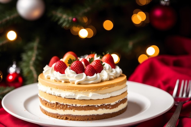 A cake with strawberries on it and a christmas tree in the background