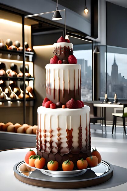 A cake with strawberries on it and a city in the background