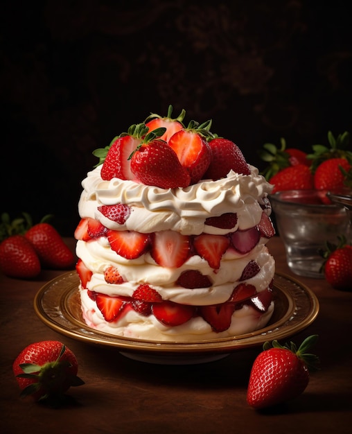 A cake with strawberries on it and a plate with a black background.