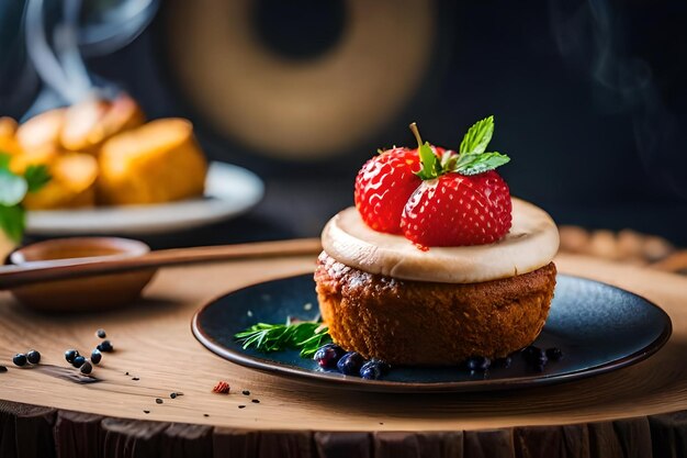 A cake with strawberries on it sits on a plate with a plate of food.