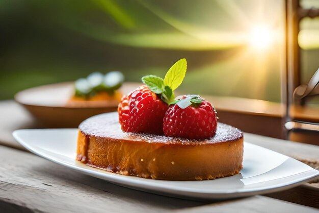 A cake with strawberries on it sits on a plate with the sun behind it