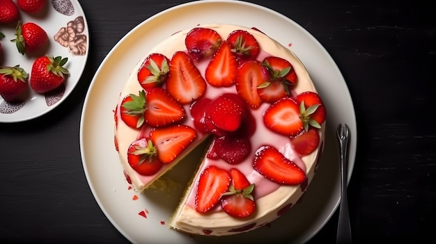 A cake with strawberries on it and a slice missing.