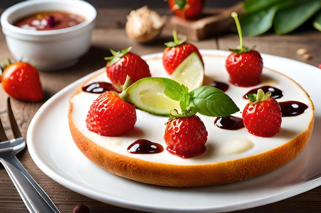 A cake with strawberries and limes on it