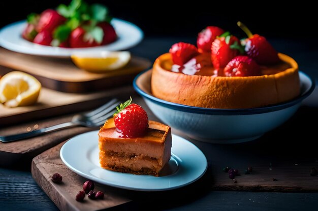 a cake with strawberries on a plate with a fork.