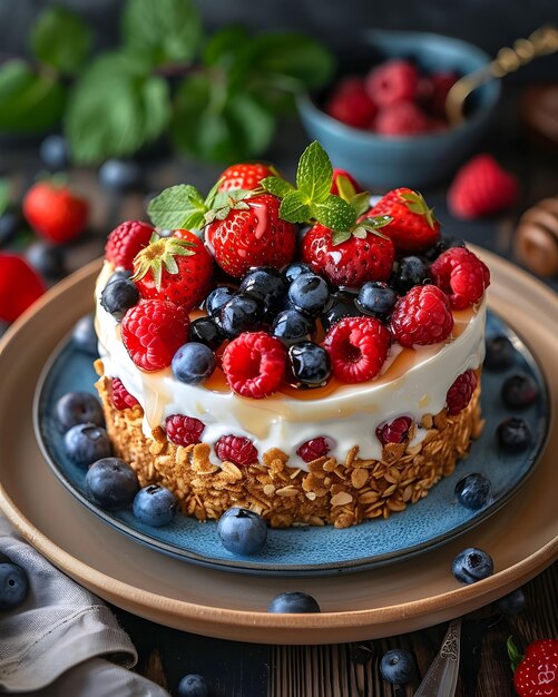 Photo a cake with strawberries raspberries blueberries and granola on a plate