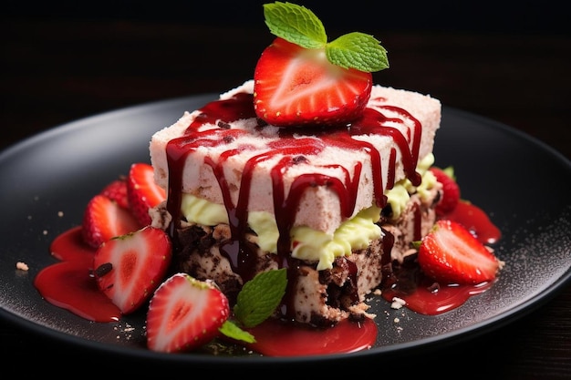 a cake with strawberries and strawberries on a plate with strawberries and strawberries.