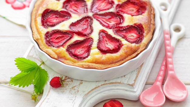 Photo a cake with strawberries and strawberries on a table