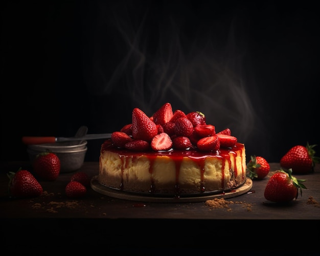 그 위에 딸기가 올려진 케이크와 테이블 위에 딸기 한 그릇.